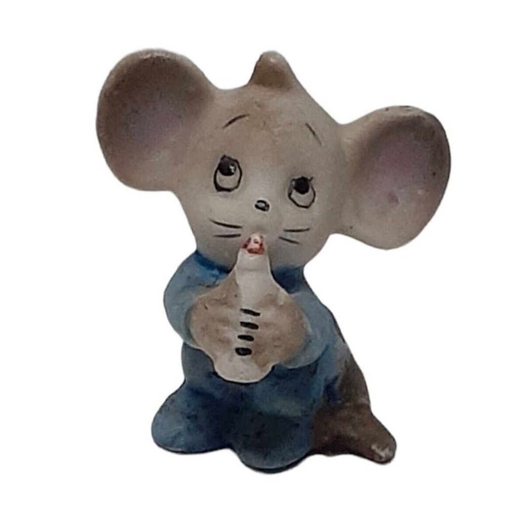 Miniature Anthropomorphic Ceramic Mouse Carrying a Baby Bottle